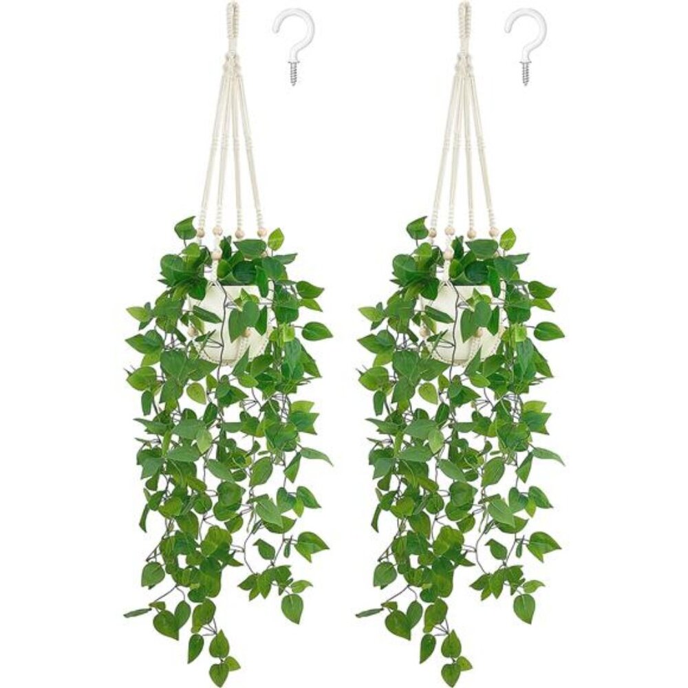 Mkono 2 Packs Fake Hanging Plant with Pot, Artificial Plants Macrame Plant